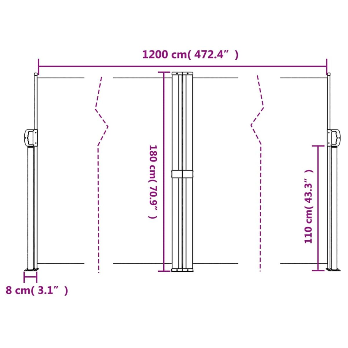 Diagramm eines einziehbaren Bildschirms mit Abmessungen in cm und Zoll.