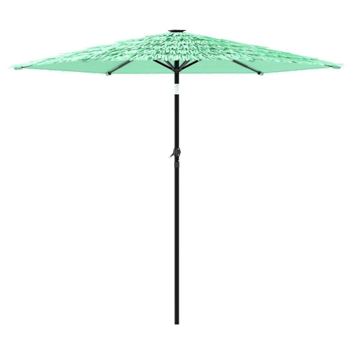 Un ombrellone verde con frange e palo nero, su sfondo bianco.