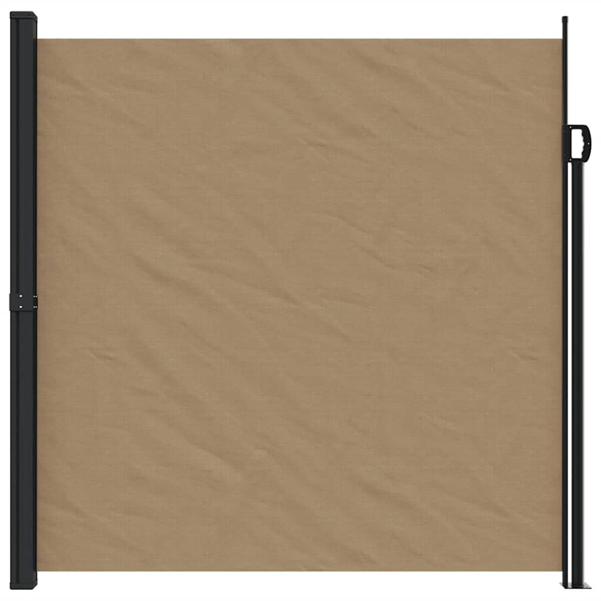 Schermo retrattile per esterni, tessuto beige, con montanti e maniglia neri, contro il bianco.