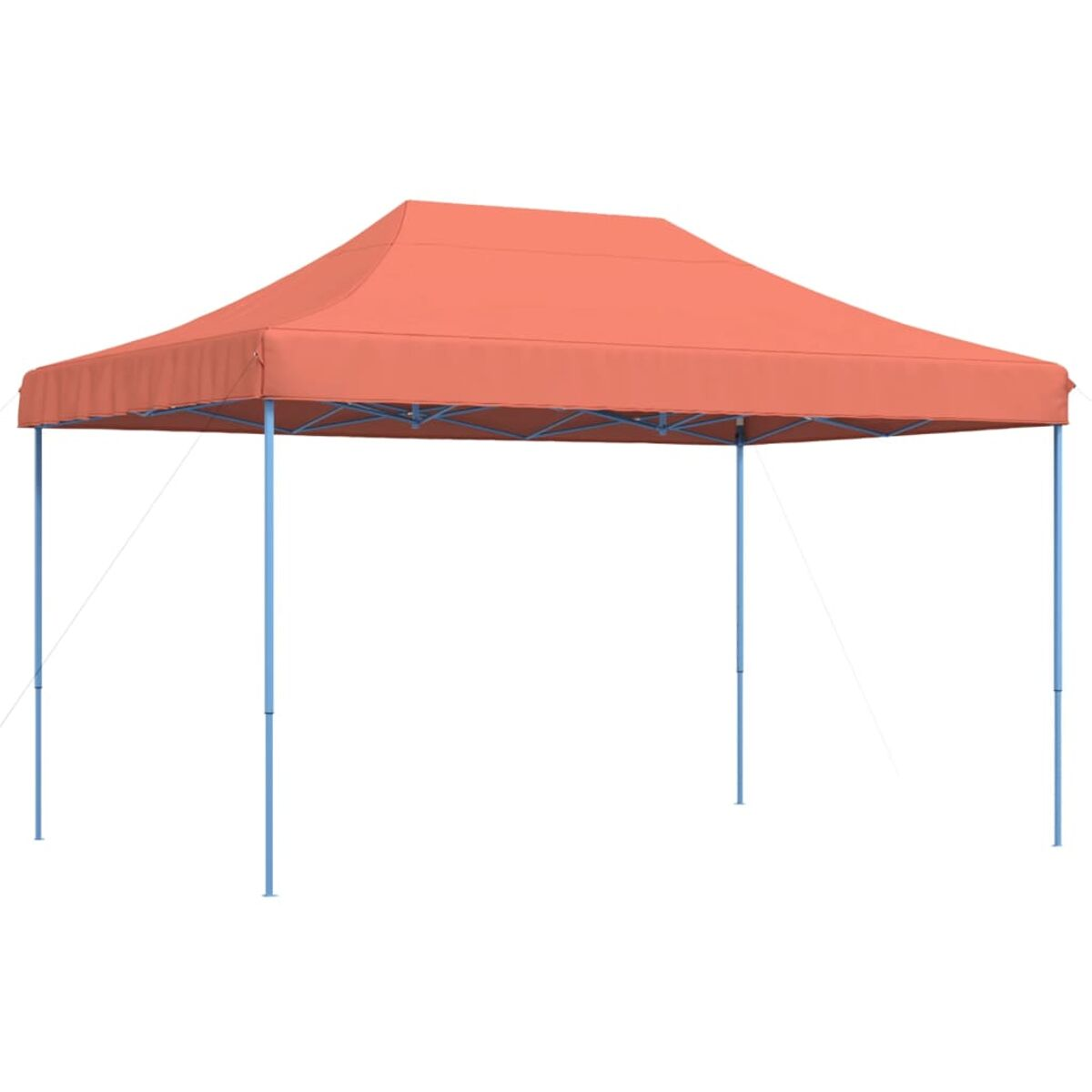 Oranges Pop-Up-Zelt mit blauen Beinen. Das Zelt ist in einer hellen Umgebung aufgebaut.