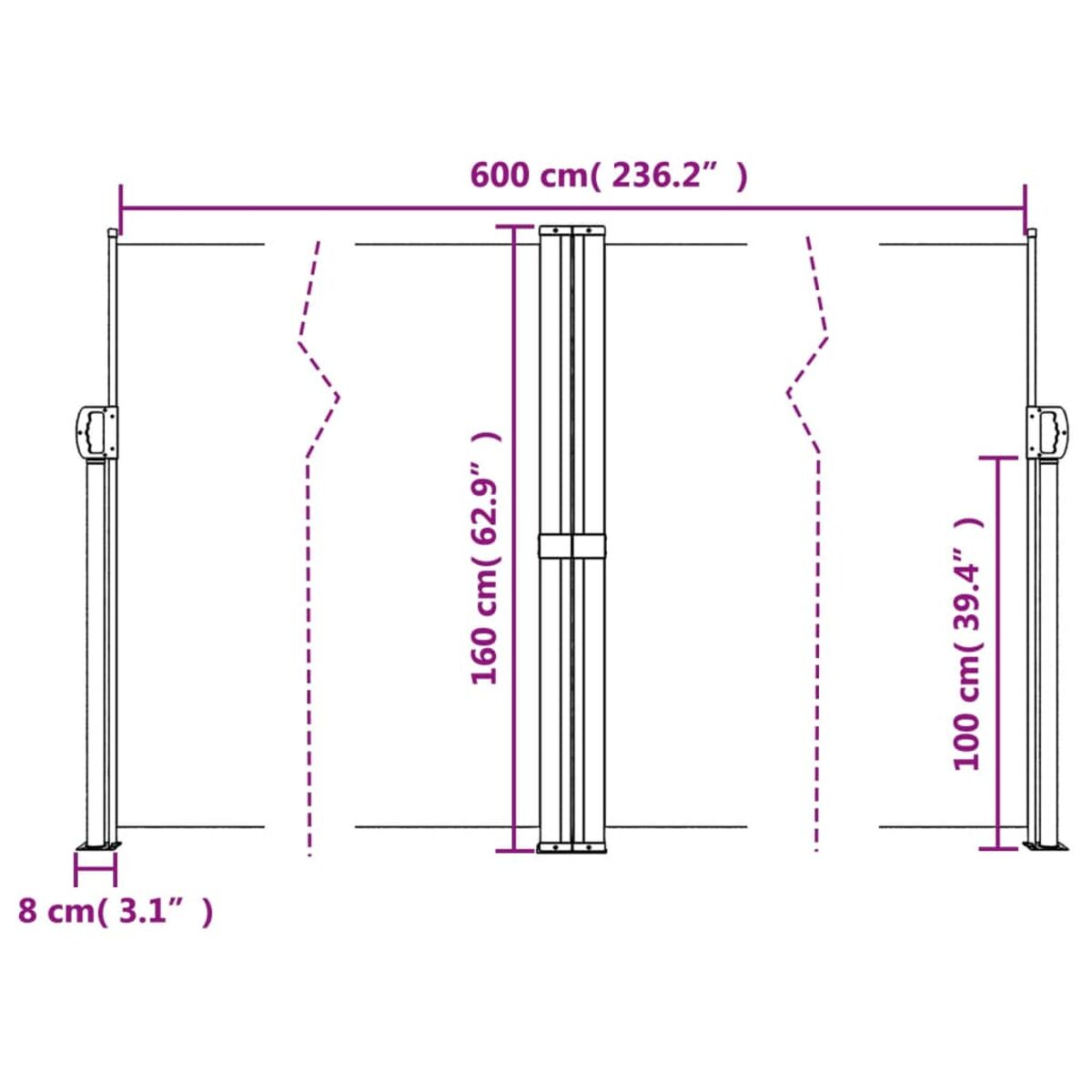 Diagramm mit Abmessungen einer Struktur. Maße in cm und Zoll für Länge, Breite und Höhe.