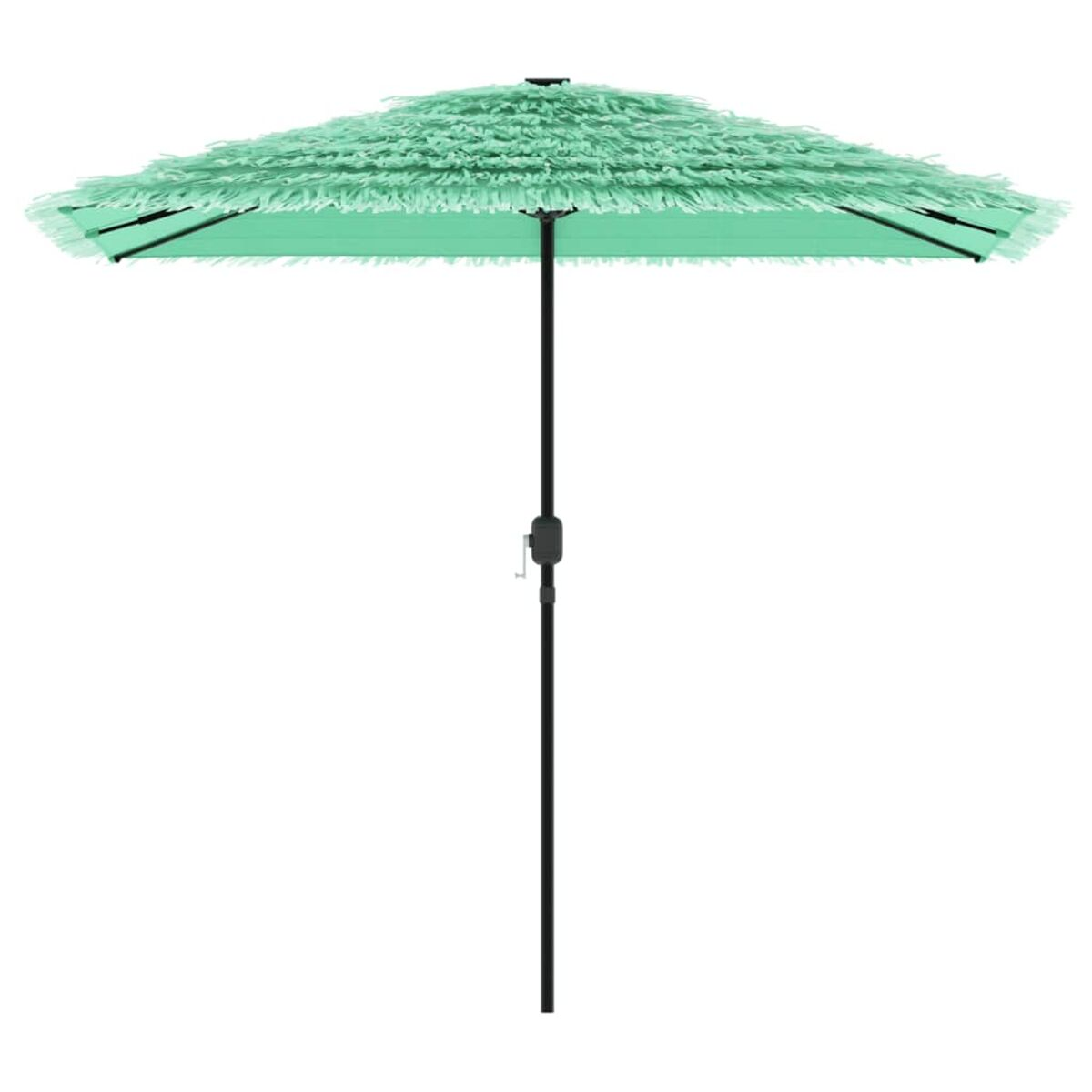 Un ombrellone da spiaggia con la parte superiore a frange. L'ombrellone è verde menta con un palo nero.