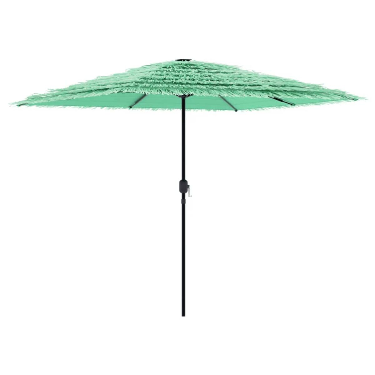 Ombrellone verde con frange, aperto, con palo nero, su sfondo bianco.
