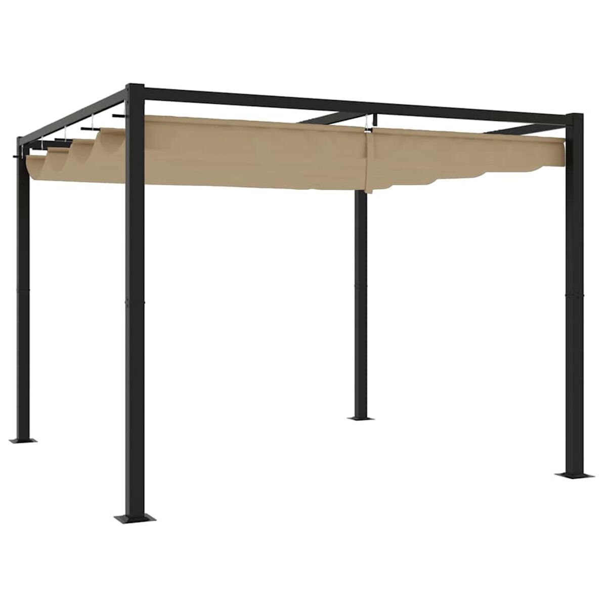 Pergola in metallo nero con tetto in tessuto beige su sfondo bianco.