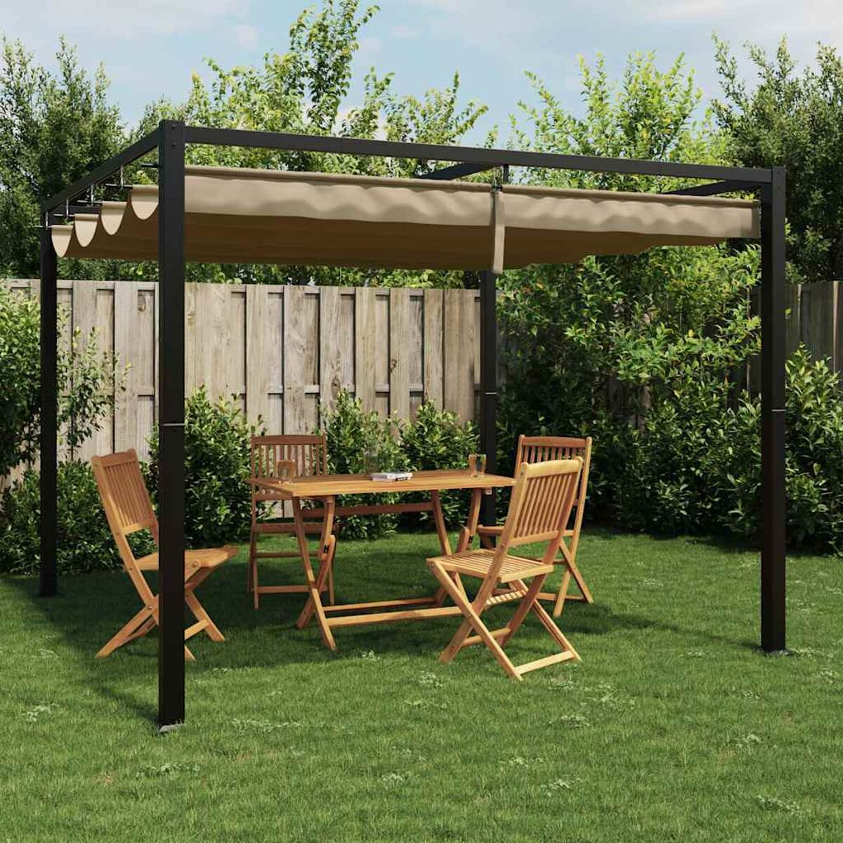 Una struttura a pergola con mobili.