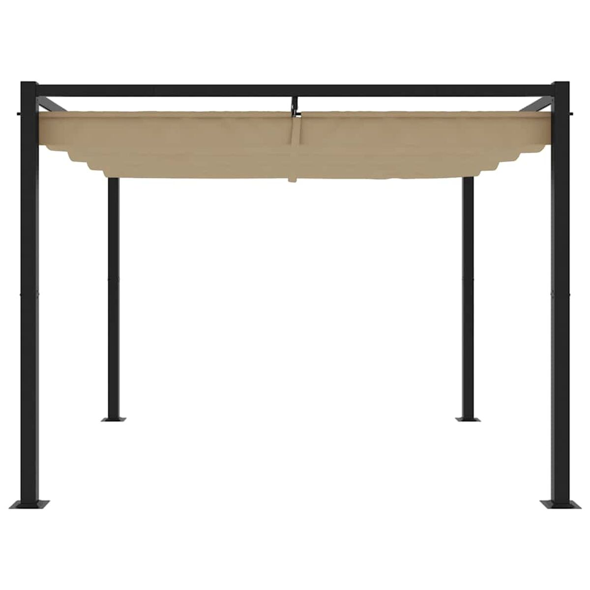 Un telaio per pergola nero con una tettoia beige. Il telaio ha quattro gambe.