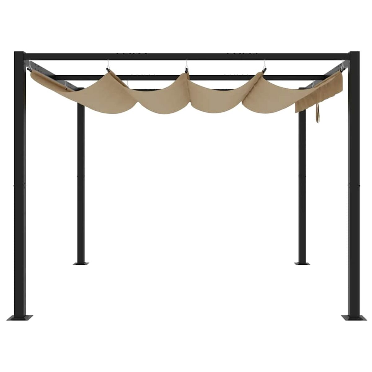 Pergola nera con tetto in tessuto beige. La struttura è su sfondo bianco.
