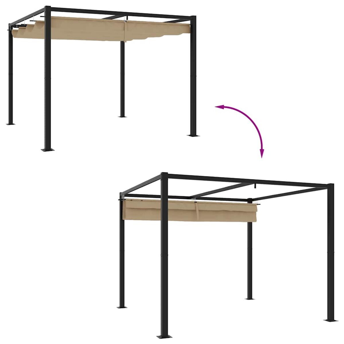 Due pergole. Quella superiore è aperta. Pergola inferiore con tessuto.