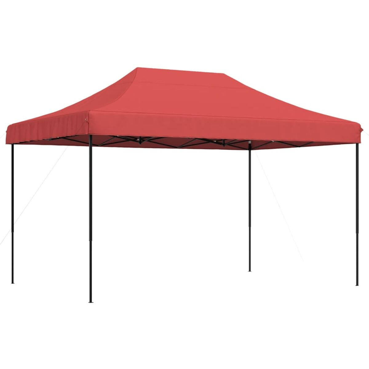 Ein roter Pop-up-Pavillon mit schwarzen Stangen und Rahmen. Vor weißem Hintergrund.