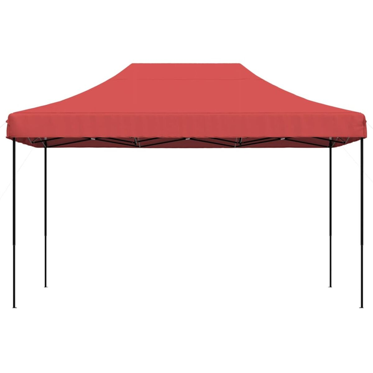 Rotes Pop-up-Zeltdach mit schwarzem Rahmen. Es steht vor einem weißen Hintergrund.