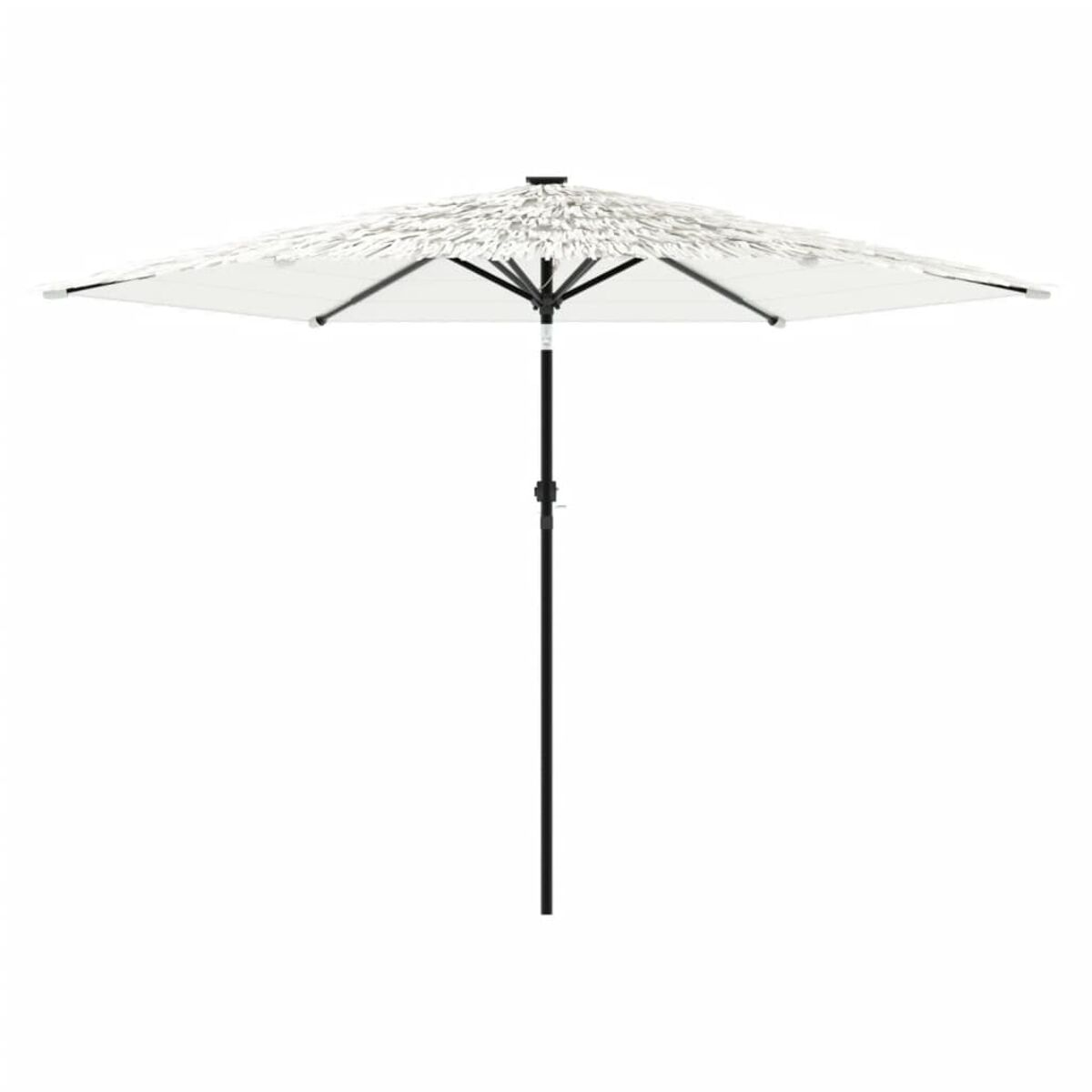 Un ombrello bianco con un palo nero. L'ombrello è aperto.