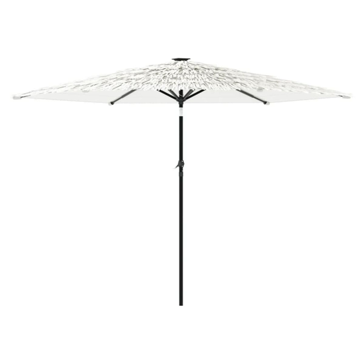 Ombrello bianco con palo nero, aperto. La parte superiore ha un design floreale.
