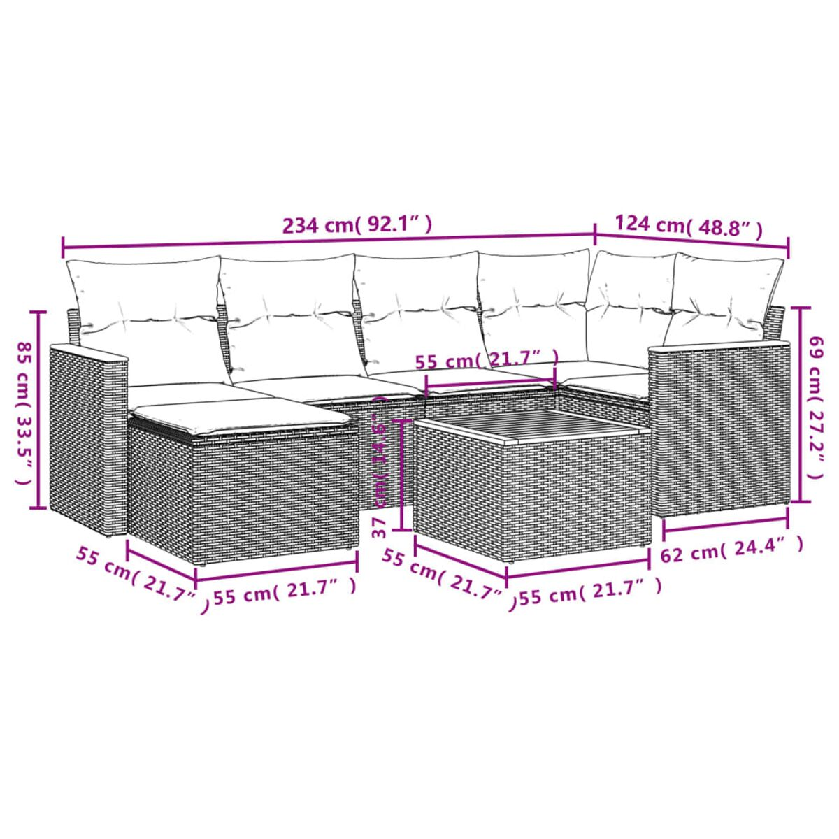 Rattan-Outdoor-Ecksofa-Set. Abmessungen von Sofa und Tisch sind enthalten.