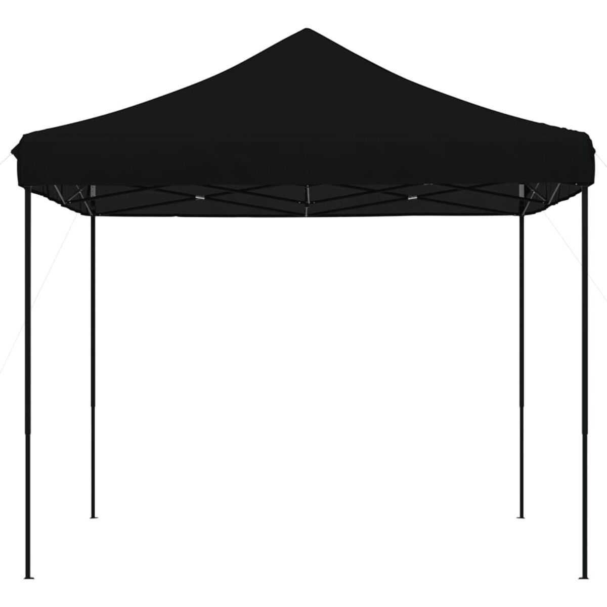Schwarzes Pop-up-Zelt. Schwarzer Rahmen und Oberseite. Weiße Abspannungen.