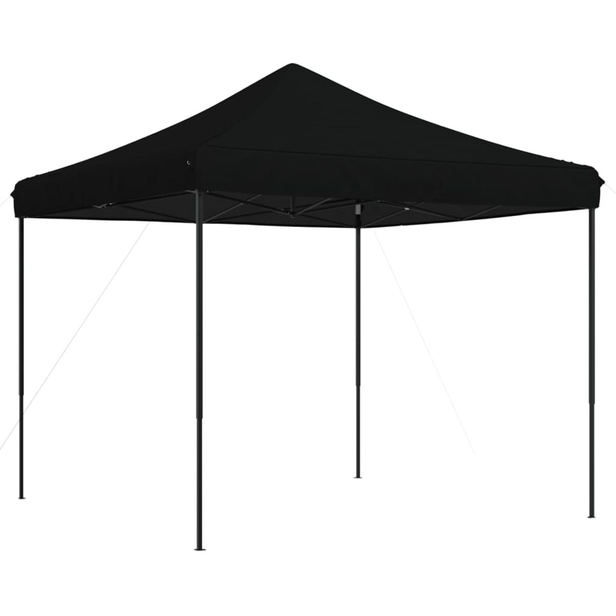 Ein schwarzes Pop-up-Gartenhaus. Es hat ein schwarzes Dach und schwarze Stützbeine.