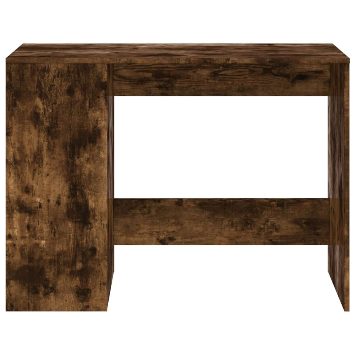 Holzschreibtisch mit rustikaler brauner Oberfläche. Es hat einen seitlichen Schrank und viel Platz.