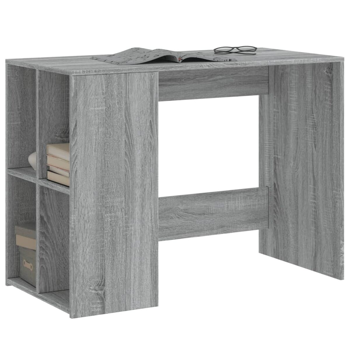 Grauer Holzschreibtisch mit Regalen, Freiraum für Stuhl und Bücher.