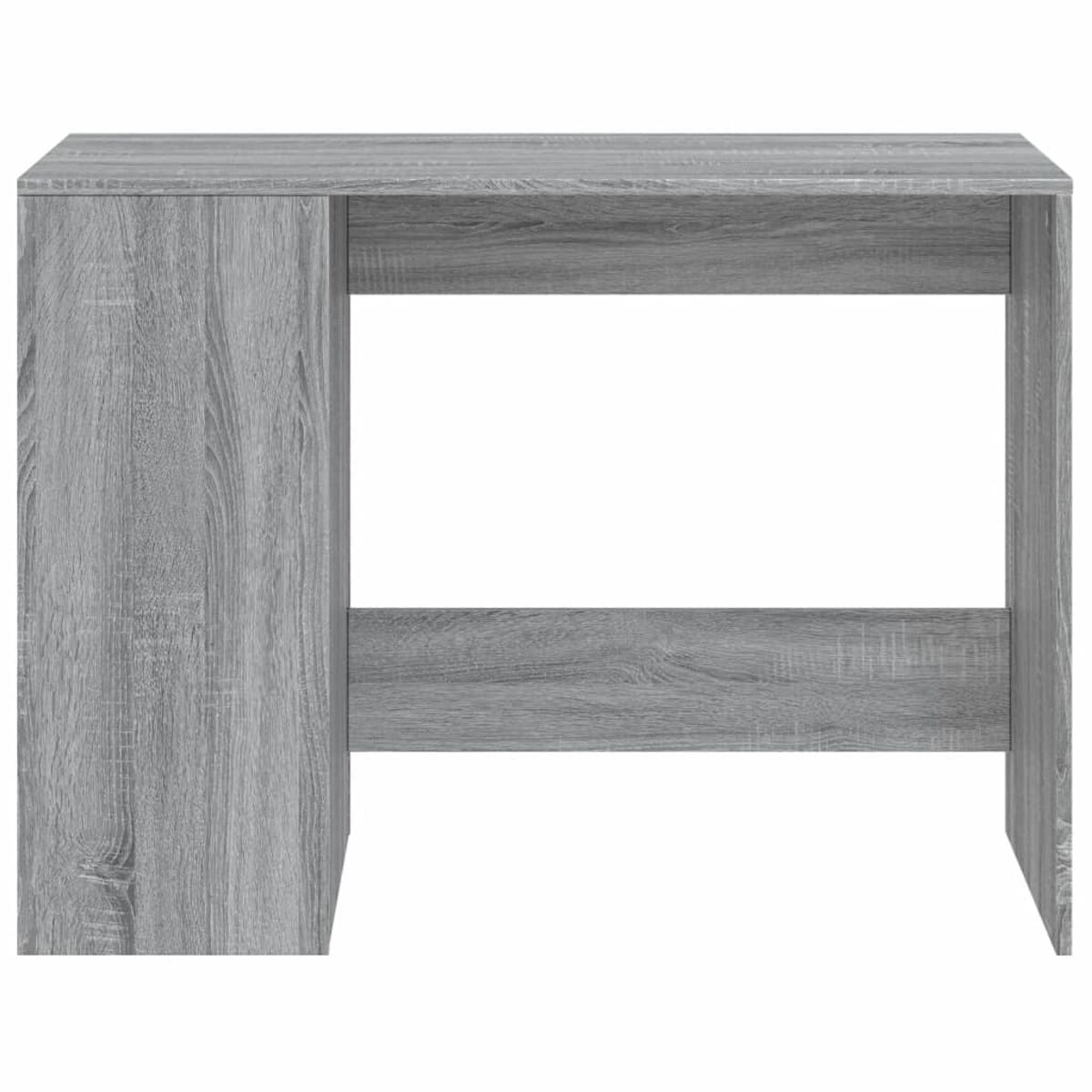 Ein grauer Holzschreibtisch mit einem Seitenschrank und einer rechteckigen Öffnung. Holzmaserung sichtbar.