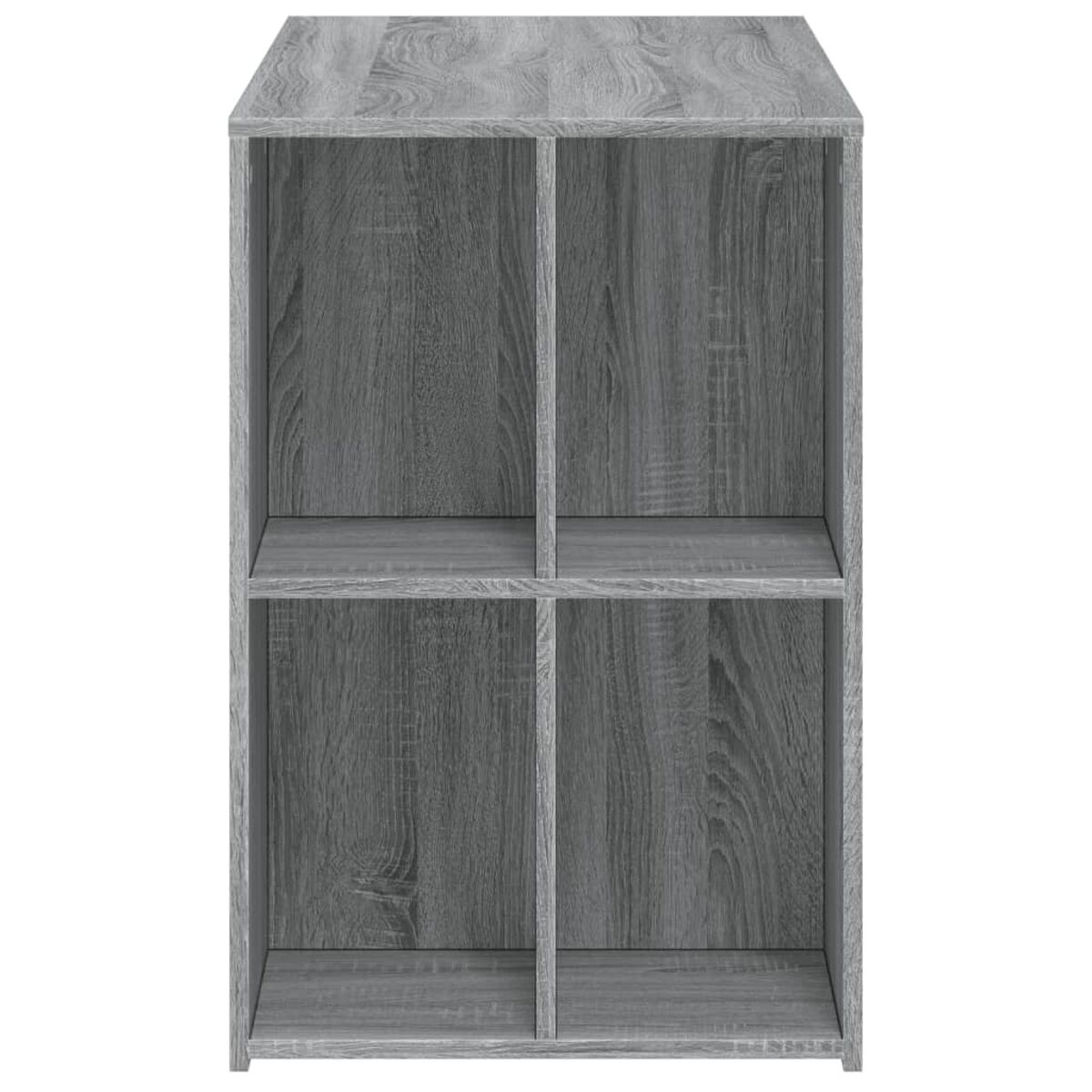Grauer Holzschrank mit vier Fächern.