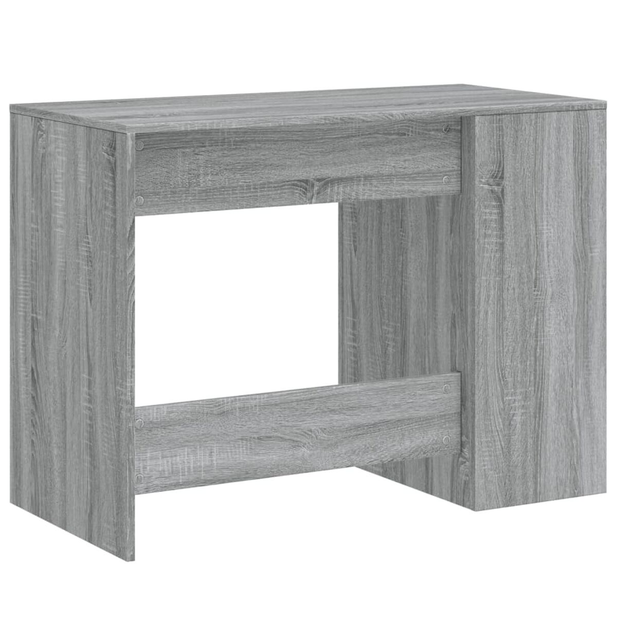 Grauer Holzschreibtisch mit rechteckiger Öffnung. Seitenansicht. Einfaches Design. Hellgraue Farbe.