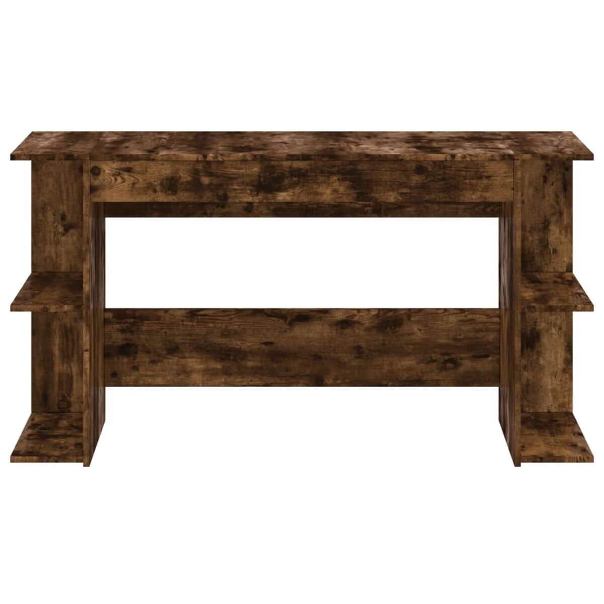 Konsolentisch aus Holz mit zwei Regalen auf jeder Seite, auf weißem Hintergrund.