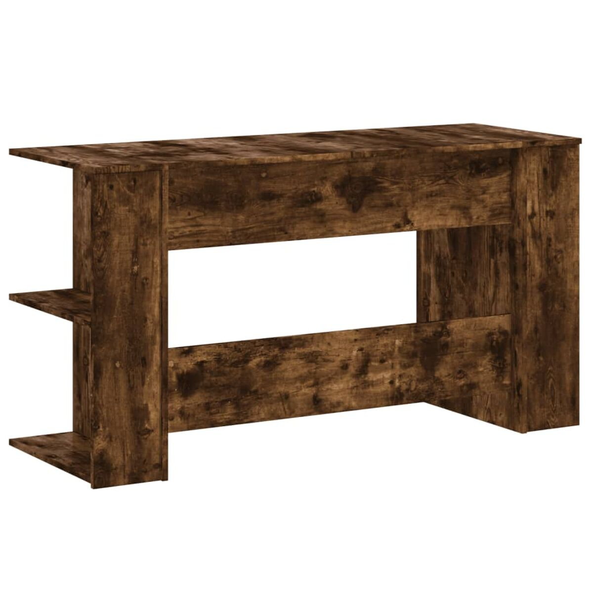 Konsole aus Holz mit zwei Regalen auf der linken Seite. Braune Farbe.