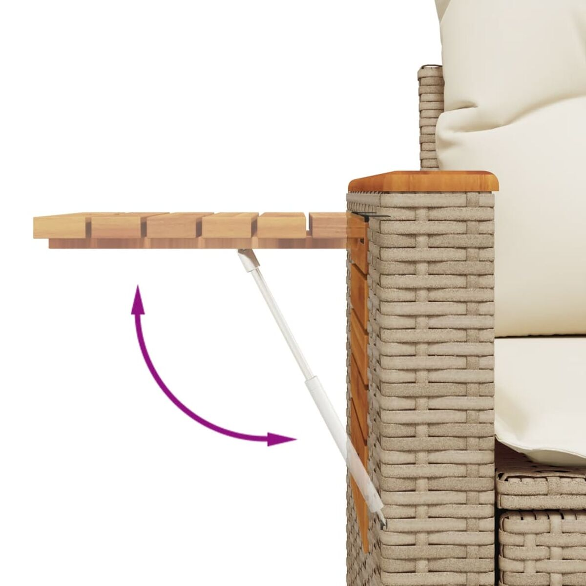 Ein Tisch, der sich von einem Outdoor-Sofa aus erstreckt, mit einem Pfeil, der seine Bewegung anzeigt.