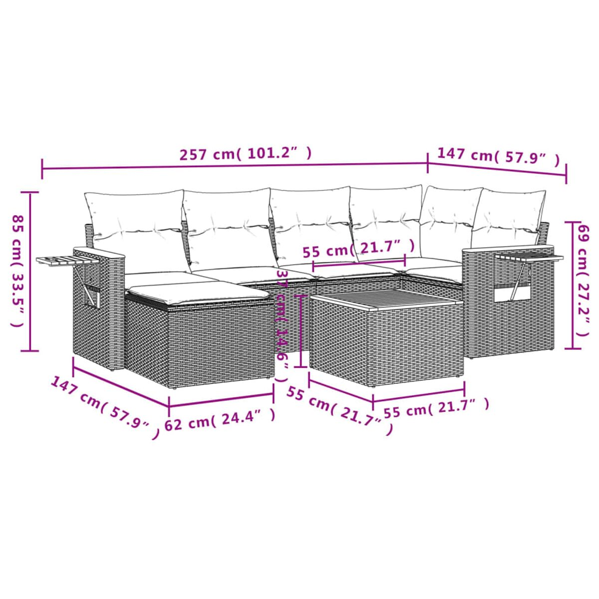 Diagramma di un set divano esterno in vimini con dimensioni in cm e pollici.