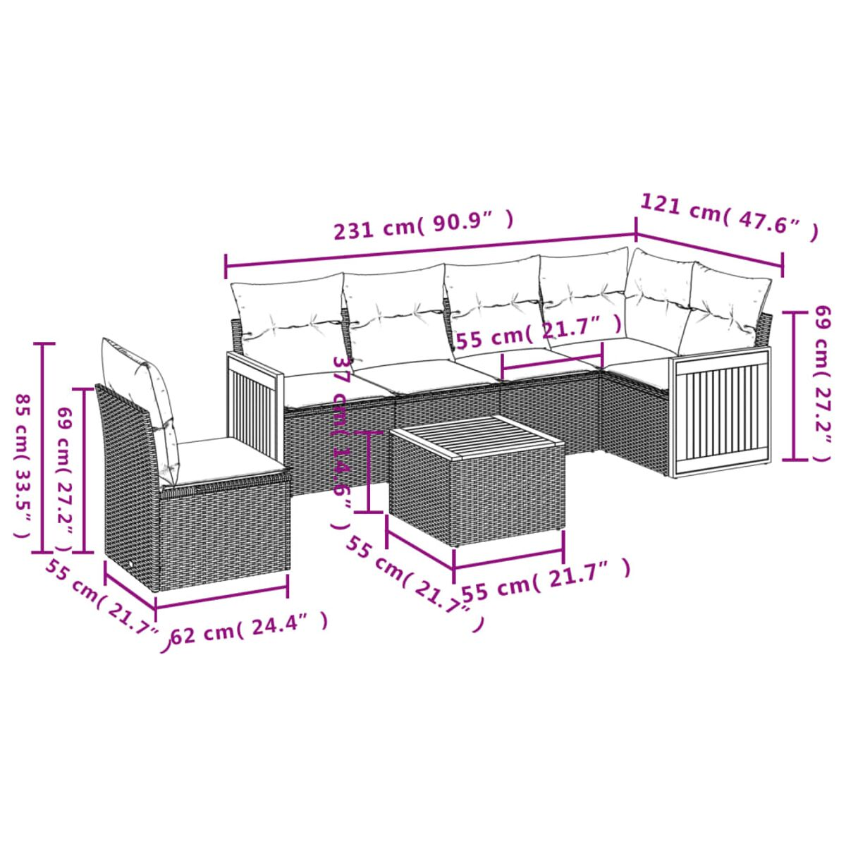 Ein Rattan-Outdoor-Sofaset mit Kissen, Maßen in cm und einem passenden Couchtisch.