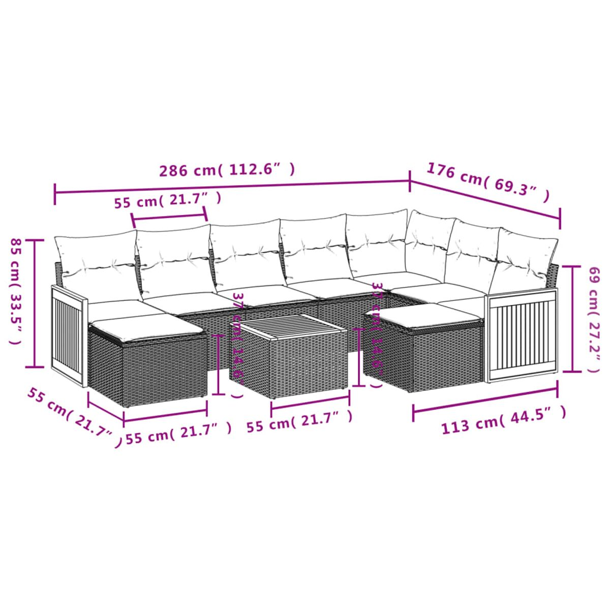Diagramm eines Korbsessel-Sets mit Abmessungen, das Länge und Breite in cm und Zoll zeigt.