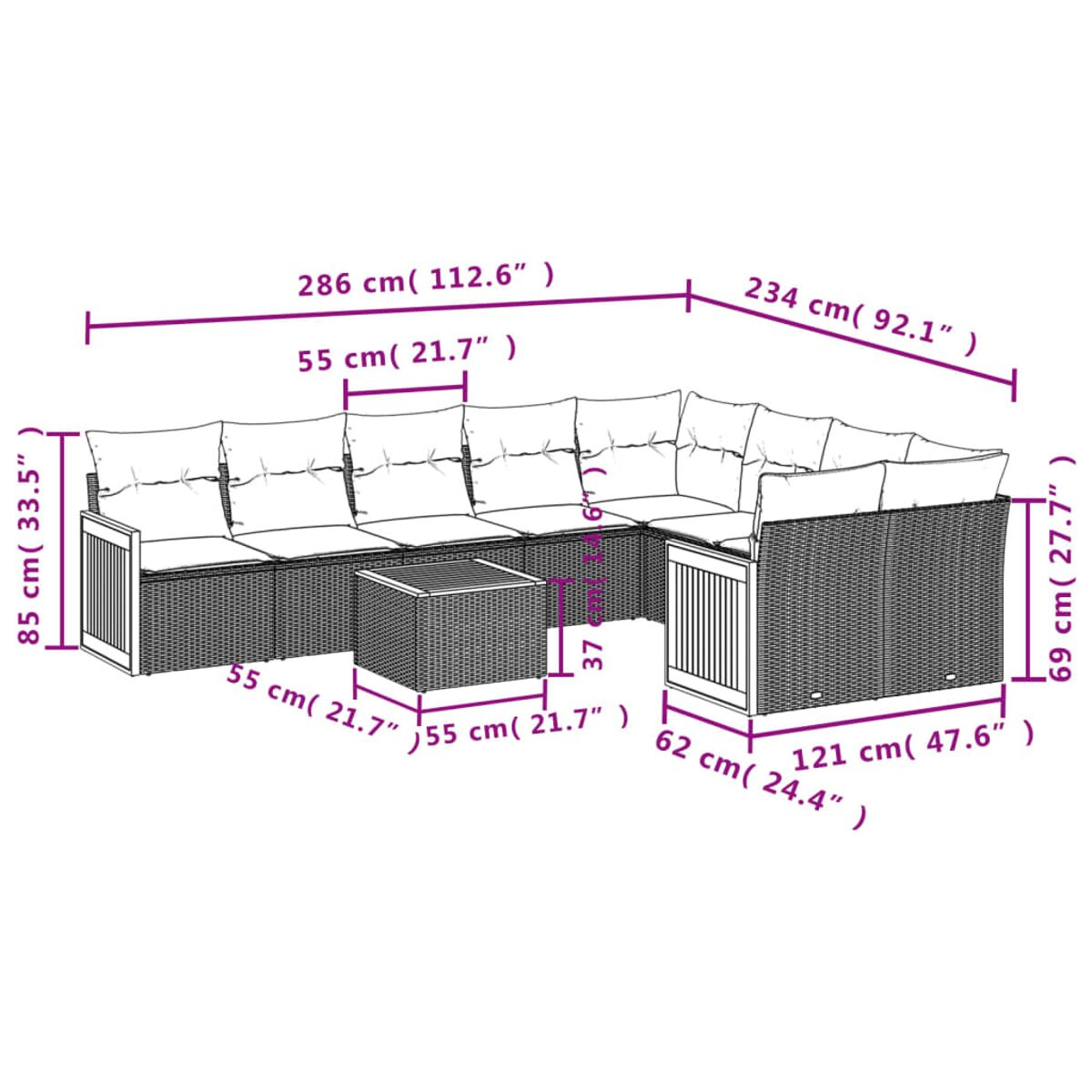 Diagramm eines großen Ecksofas für den Außenbereich mit Abmessungen in Zentimetern und Zoll.