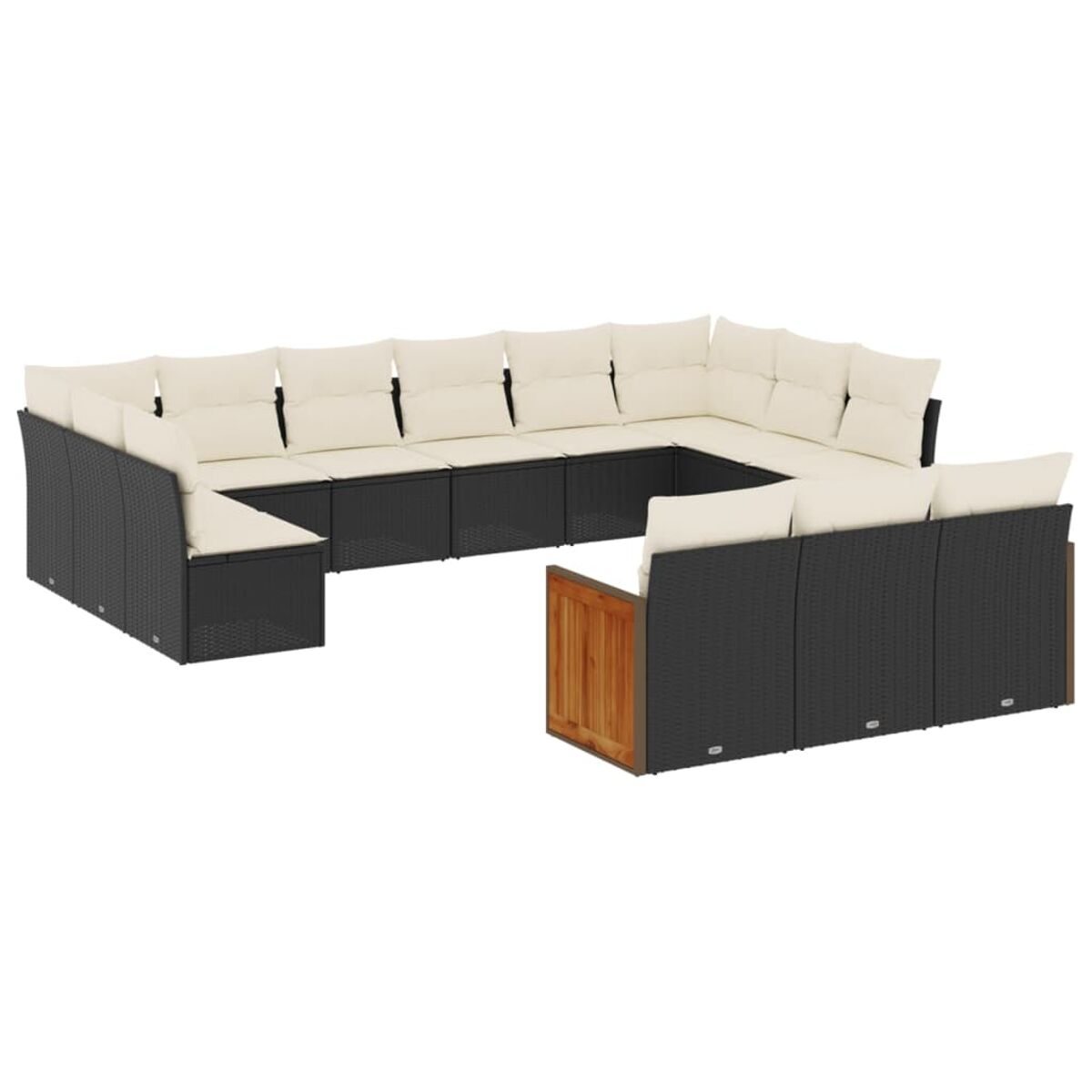 Set divano da esterno a forma di U in vimini nero con cuscini beige e dettagli in legno. Design moderno.
