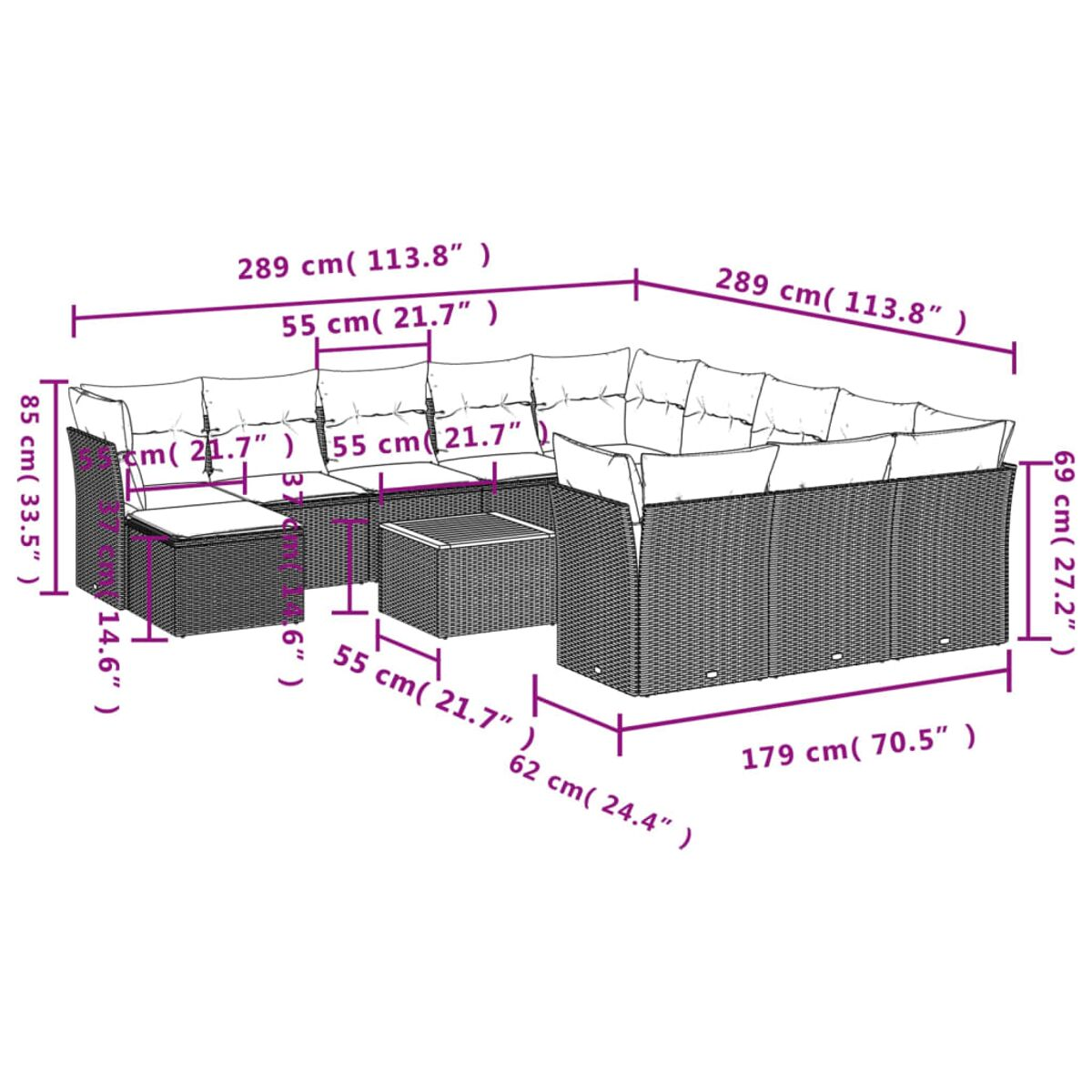 Diagramm eines Ecksofas im Freien mit Abmessungen in Zentimetern und Zoll.