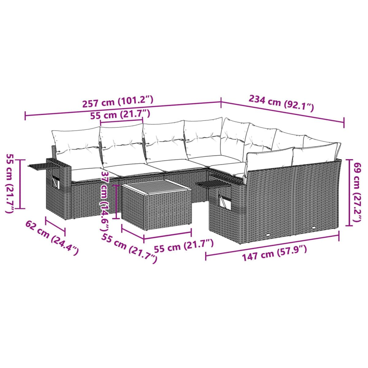 Diagramm eines Outdoor-Geflecht-Sofasets mit Abmessungen. Das Set umfasst ein Sofa, einen Couchtisch und ein Ecksofa.