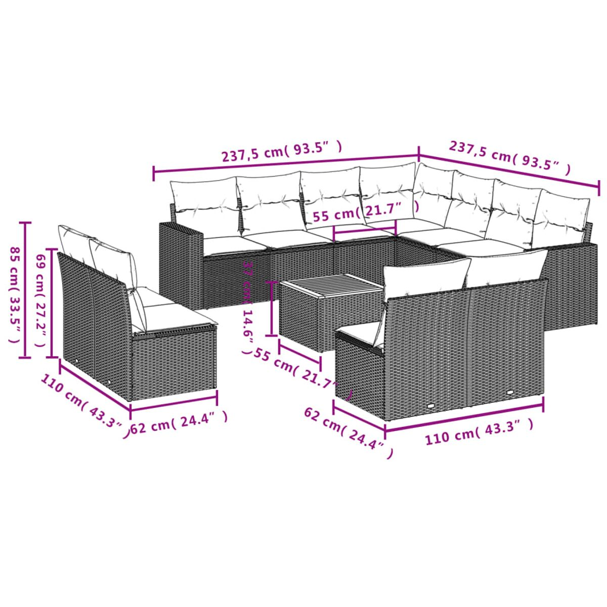 Detaillierte Diagramm eines großen schwarzen Outdoor-Ecksofa-Sets aus Rattan mit Maßen.