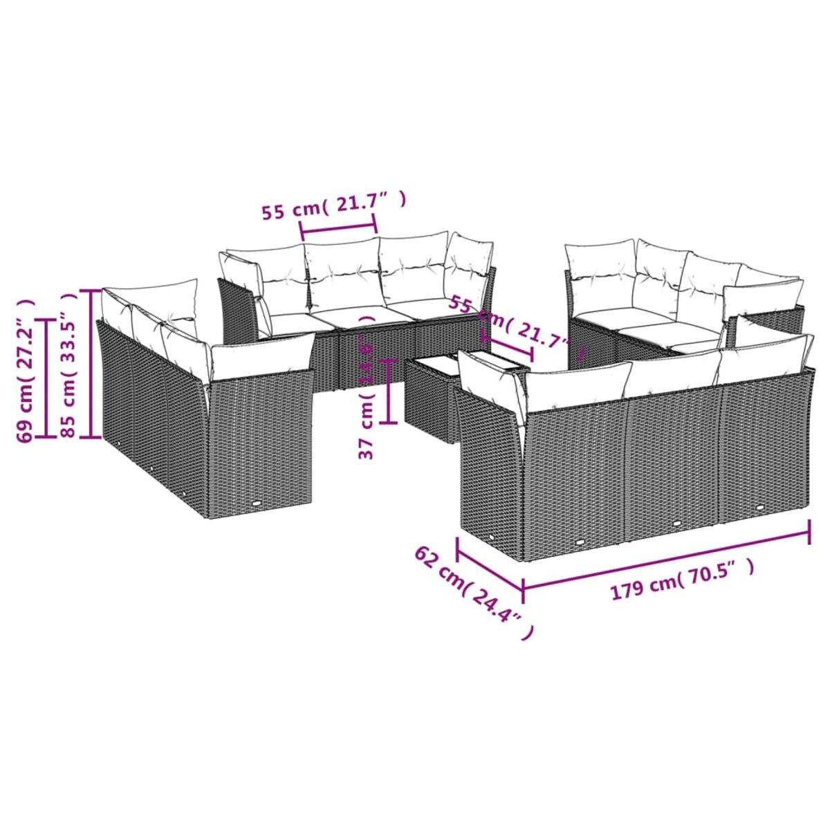 Diagramm eines Rattan-Outdoormöbelsets mit Abmessungen in Zentimetern und Zoll auf weißem Hintergrund.