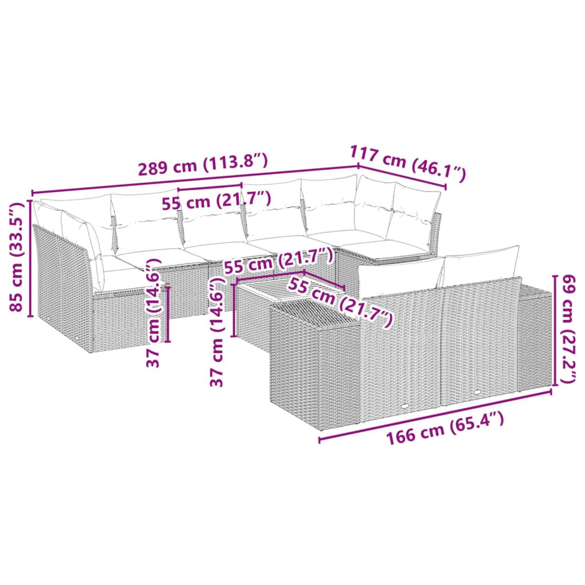 Diagramm eines Ecksofas mit Maßen in cm und Zoll, weißer Hintergrund.