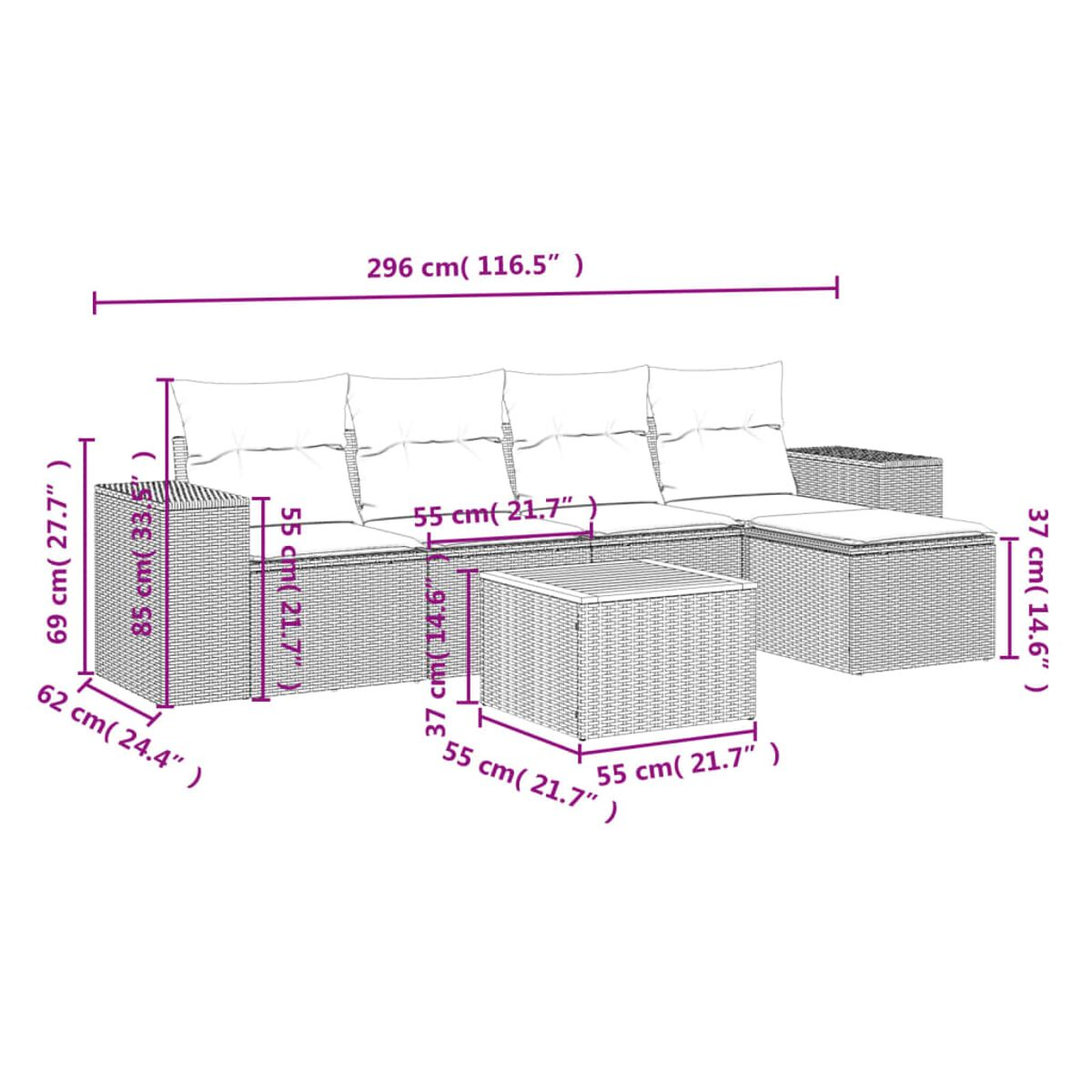 Diagramm eines schwarzen Korbsessel-Sofas mit Couchtisch, mit Abmessungen in cm und Zoll.