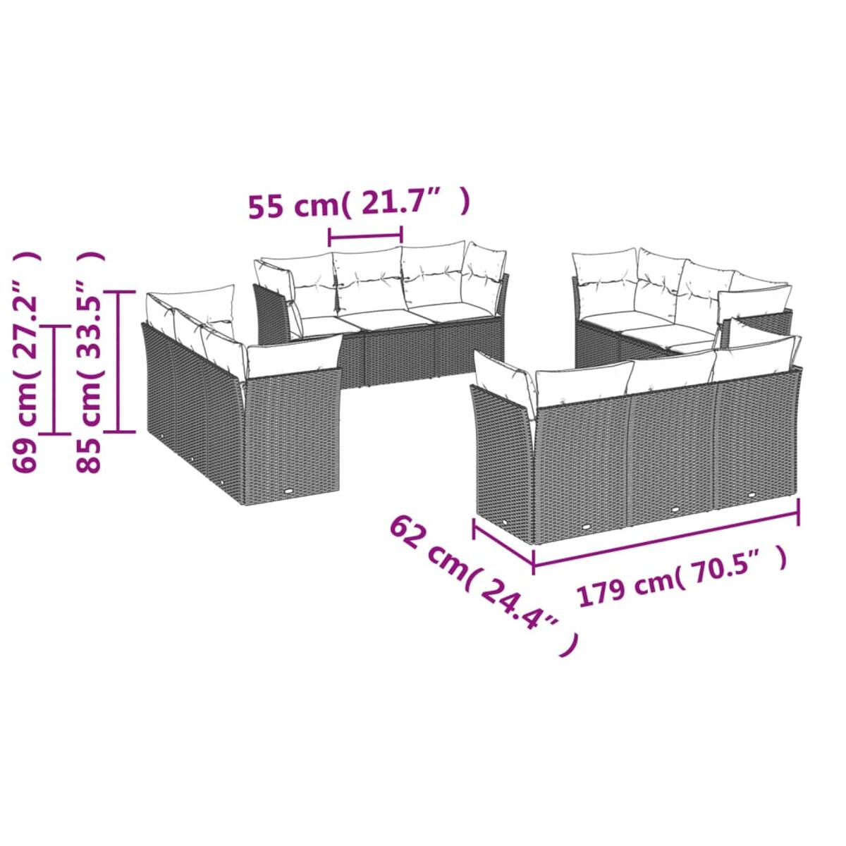 Diagramma di un divano angolare, con dimensioni in cm e pollici.