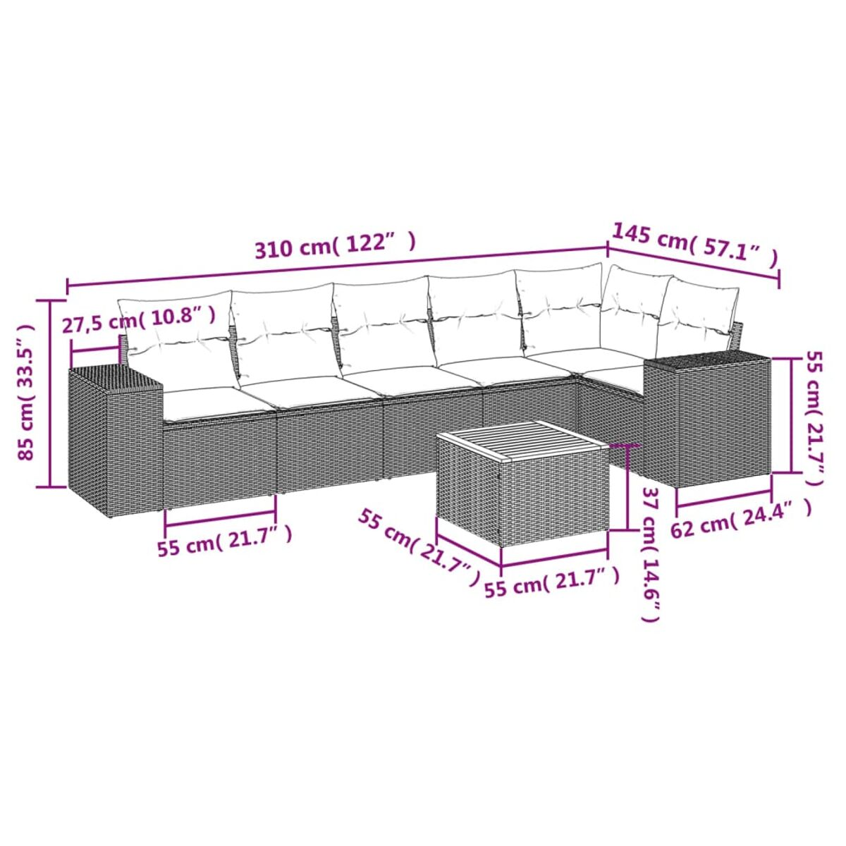 Diagramm eines schwarzen Ecksofas aus Korbgeflecht mit Abmessungen.
