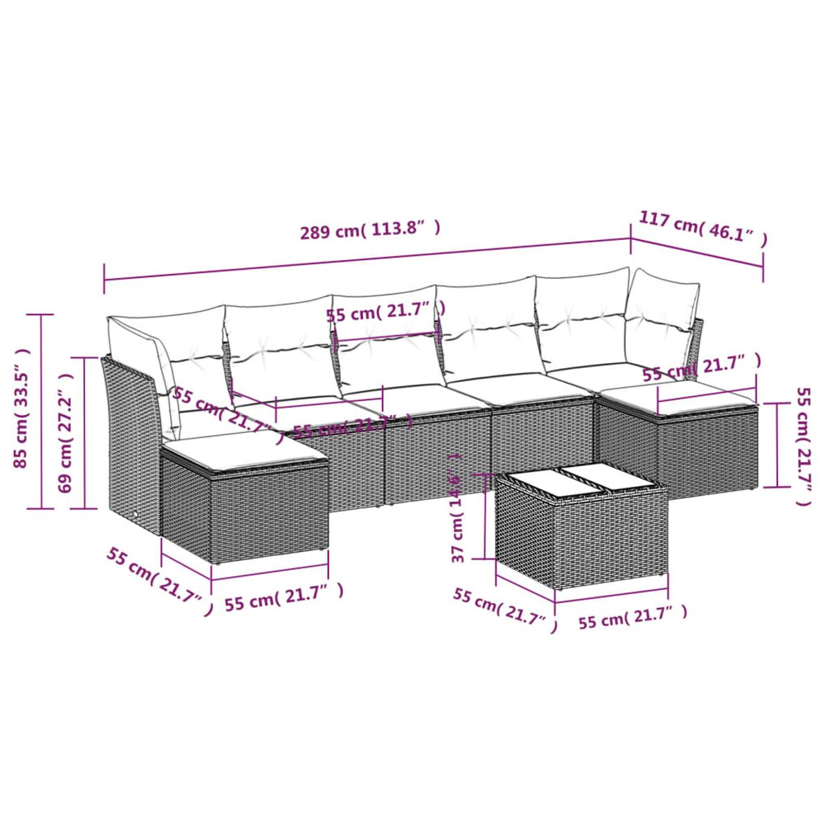 Diagramma di divano componibile beige con dimensioni in cm e pollici. Sfondo bianco.