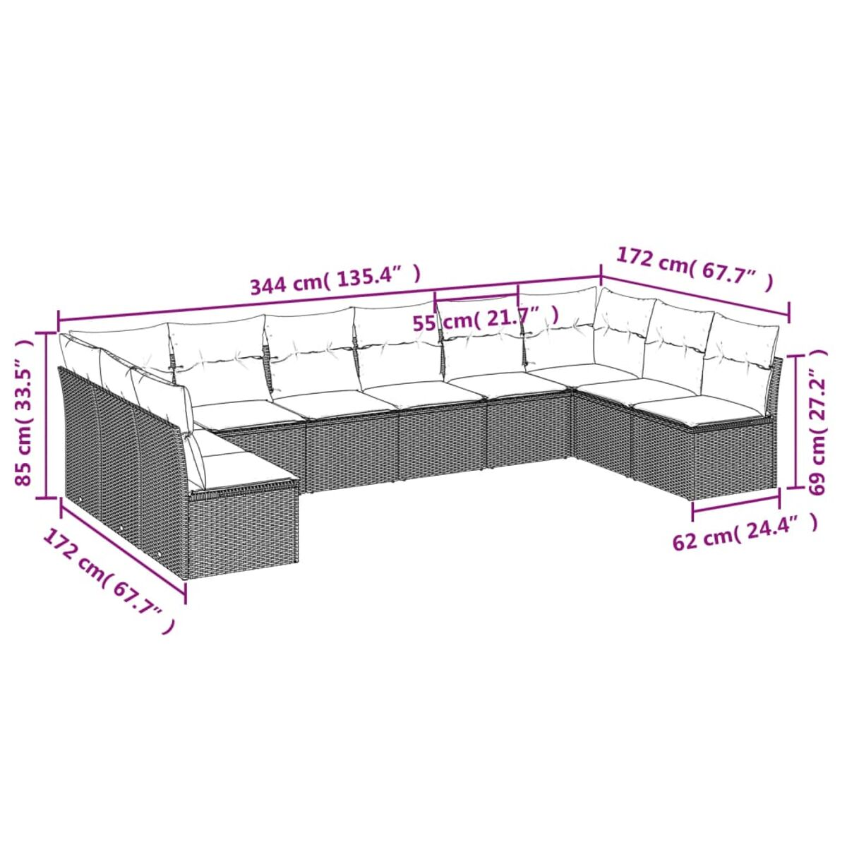Ein Outdoor-Ecksofa mit in cm und Zoll beschrifteten Abmessungen.