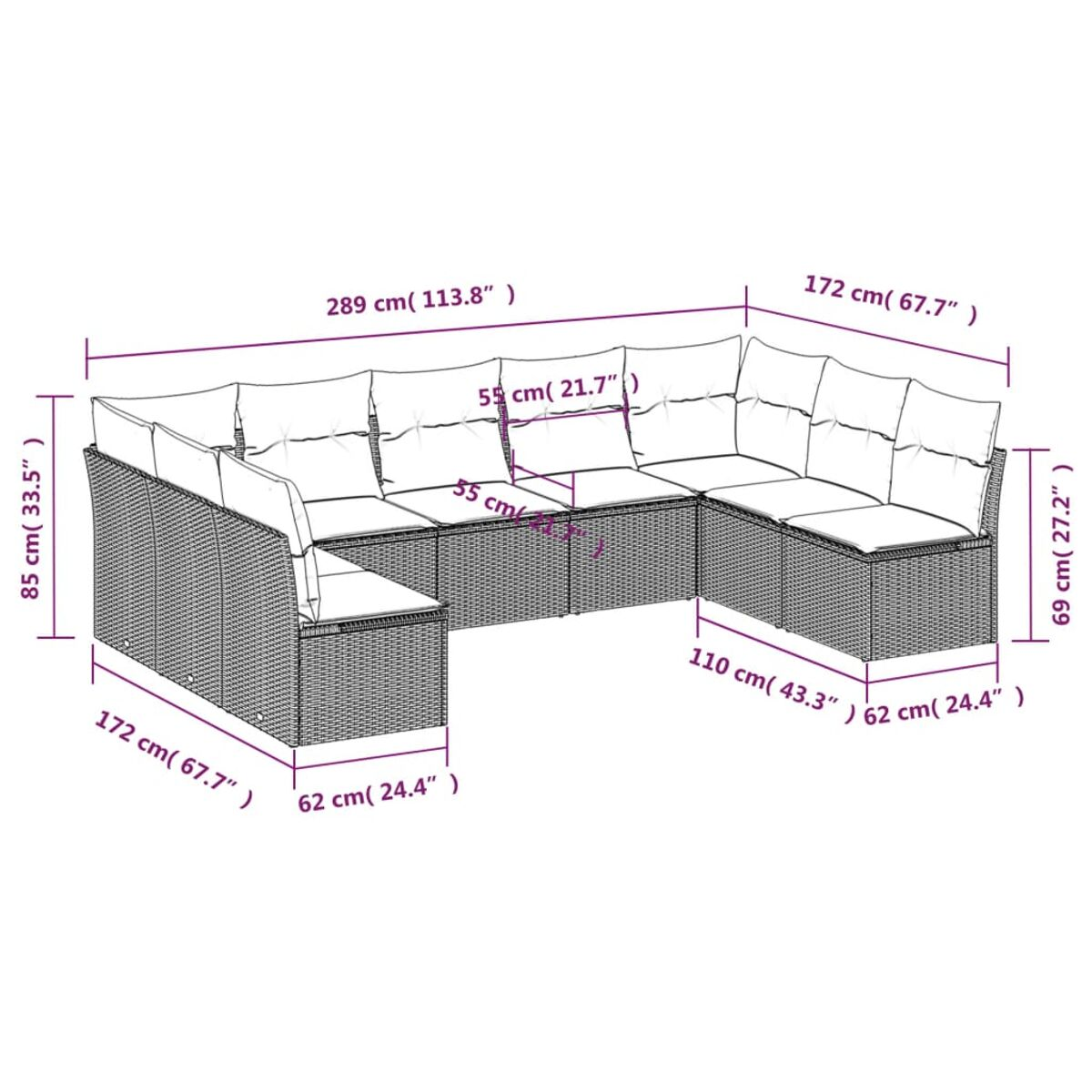 Diagramm eines großen Rattan-Ecksofas mit Abmessungen vor weißem Hintergrund.