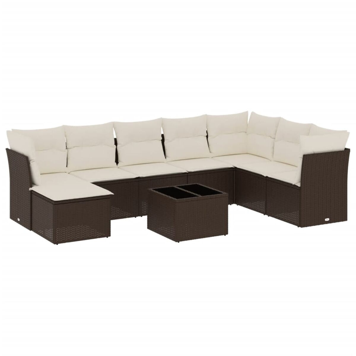 Divano angolare in rattan marrone con cuscini color crema e tavolino.