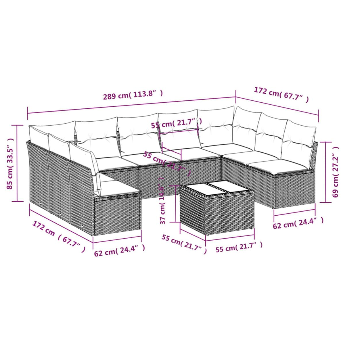 Diagramma di un set di divani in vimini con dimensioni in cm e pollici, che mostra la disposizione del set.