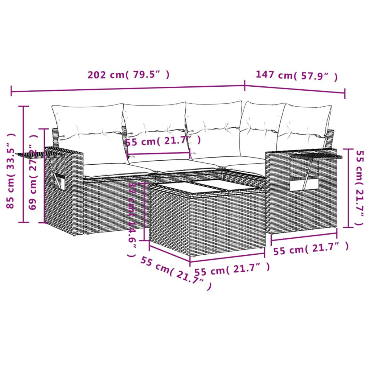 Diagramma con dimensioni di un divano angolare in rattan da esterno e un tavolino.