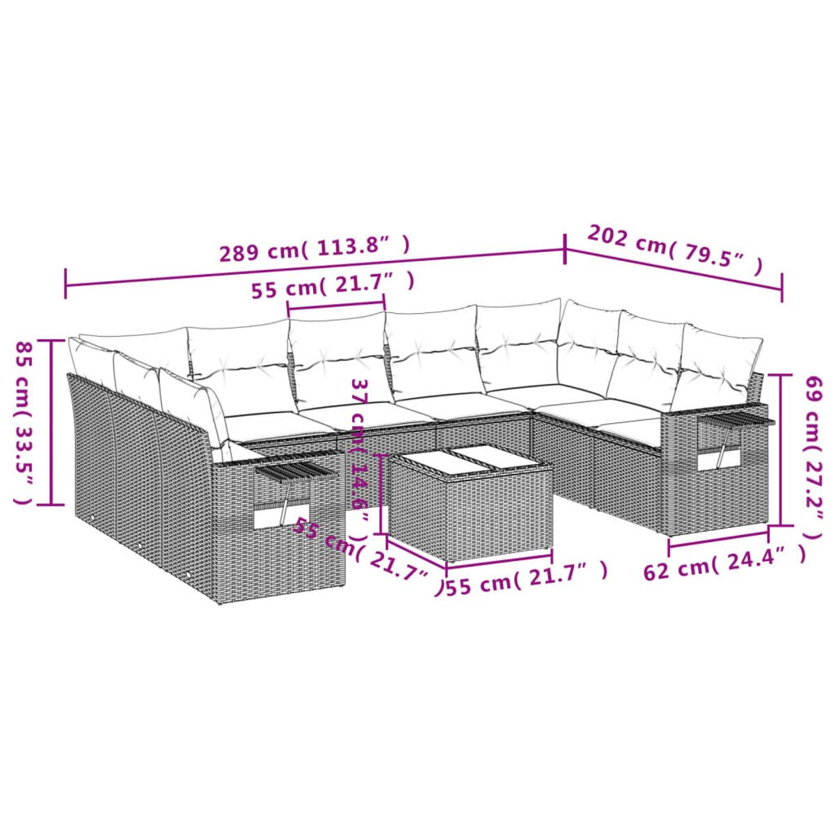 L-förmiges Korbmöbel und kleiner quadratischer Couchtisch. Maße sind überlagert.