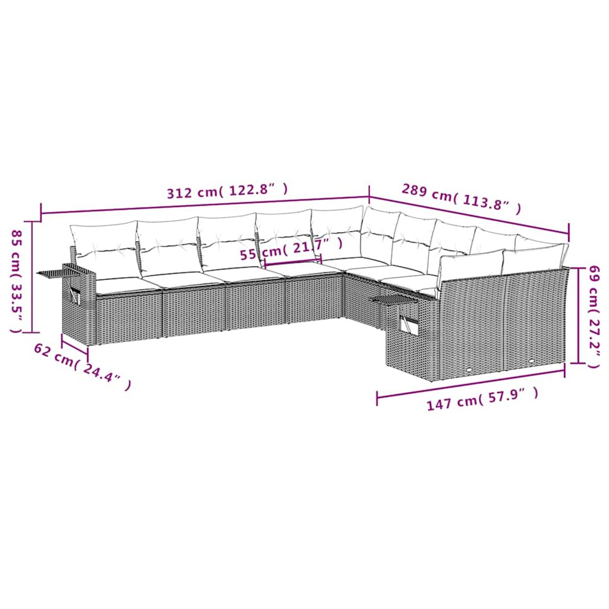 Diagramm eines grauen Outdoor-Ecksofas aus Korbgeflecht mit Abmessungen in Zentimetern.