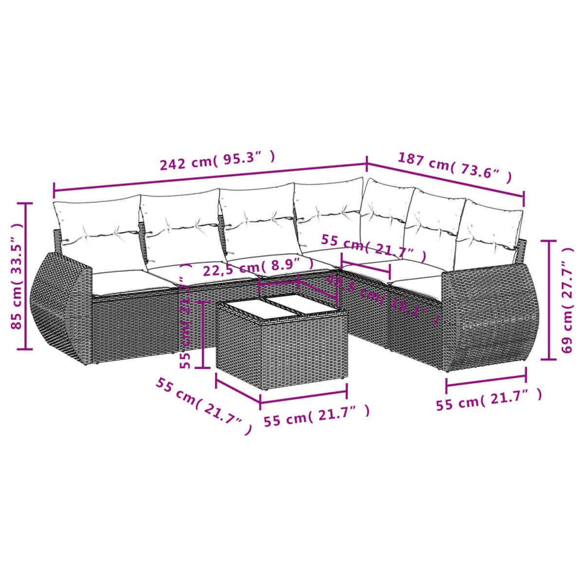 Un divano componibile in vimini con cuscini e un tavolino coordinato. Le dimensioni sono indicate.