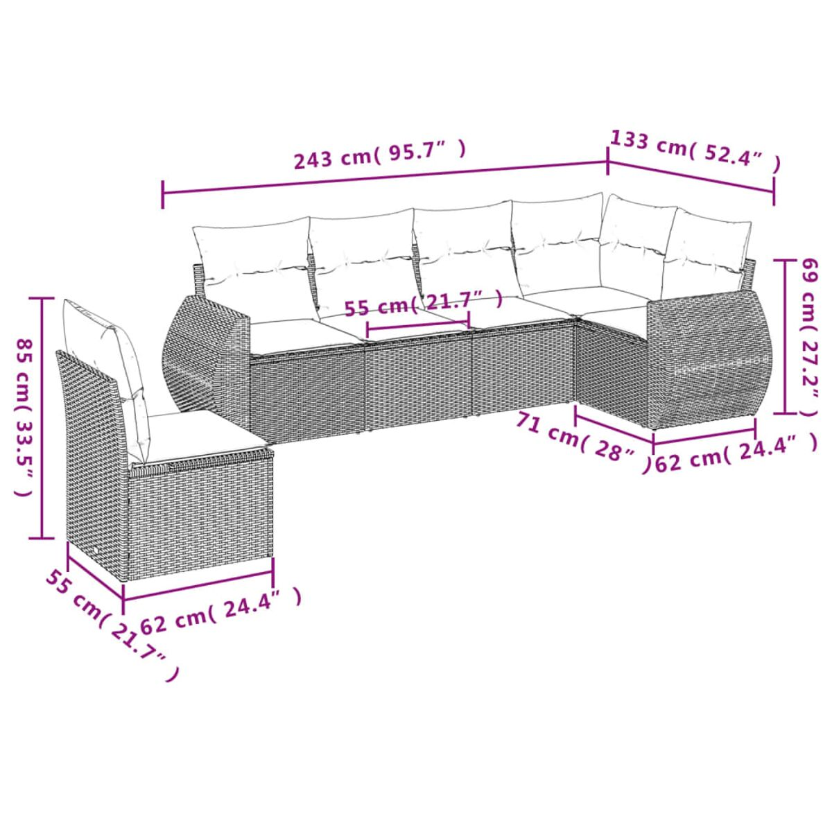 Set divano in vimini con dimensioni in cm. Include una sedia.